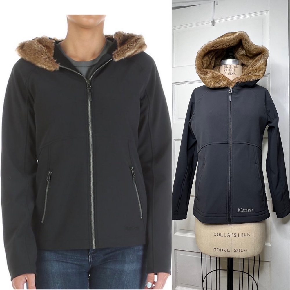 Marmot Furlong Fur Black Zip Jacket Coat Small Fleece Outdoor Fitted Base